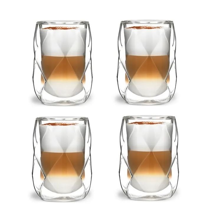 E-shop Vialli Design GEO dvojstenné sklenené termo poháre na kávu a čaj 350 ml, 4 ks