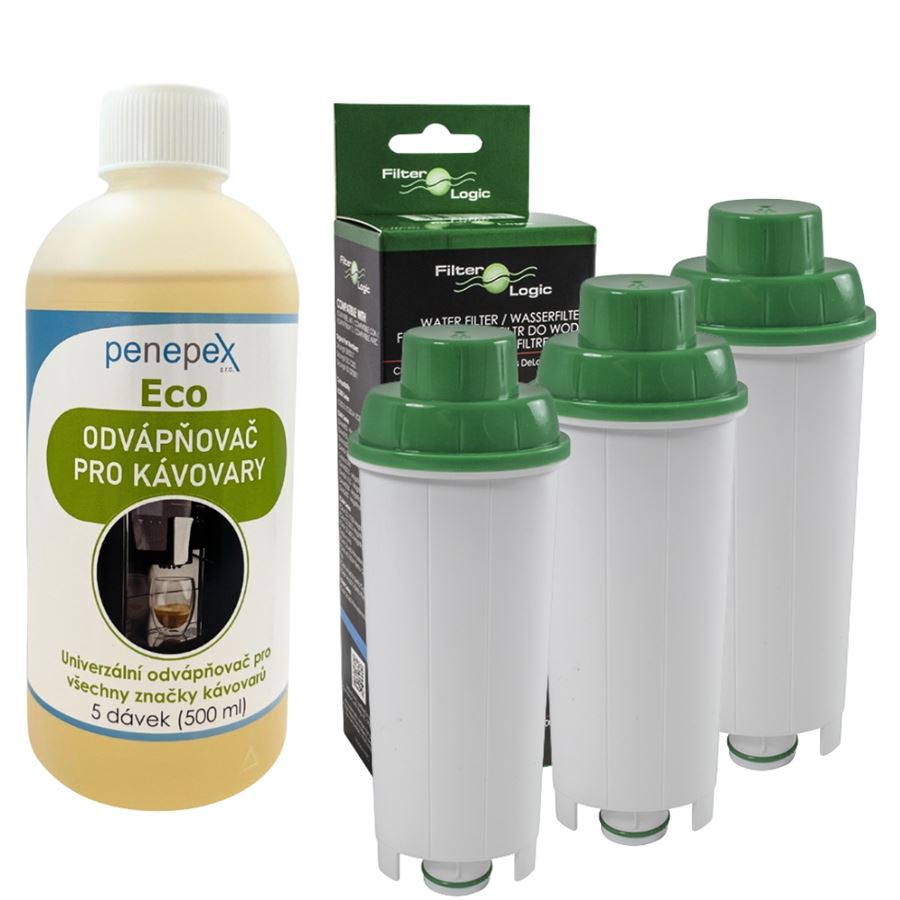 E-shop FilterLogic CFL-950B filter do kávovaru DeLonghi DLS C002 3 ks + Penepex Eco univerzálny odápňovač 500 ml