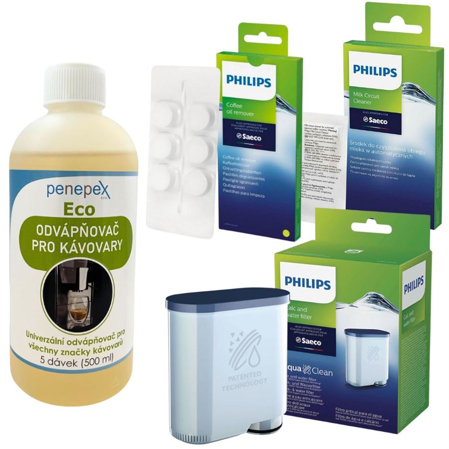 E-shop Philips AquaClean CA6903/10 filter do kávovaru + Penepex Eco odvápňovač 500 ml + Philips CA6704/10 čistiace tablety 6 ks. + Philips CA6705/10 čistiaci prostriedok na mliečny okruh