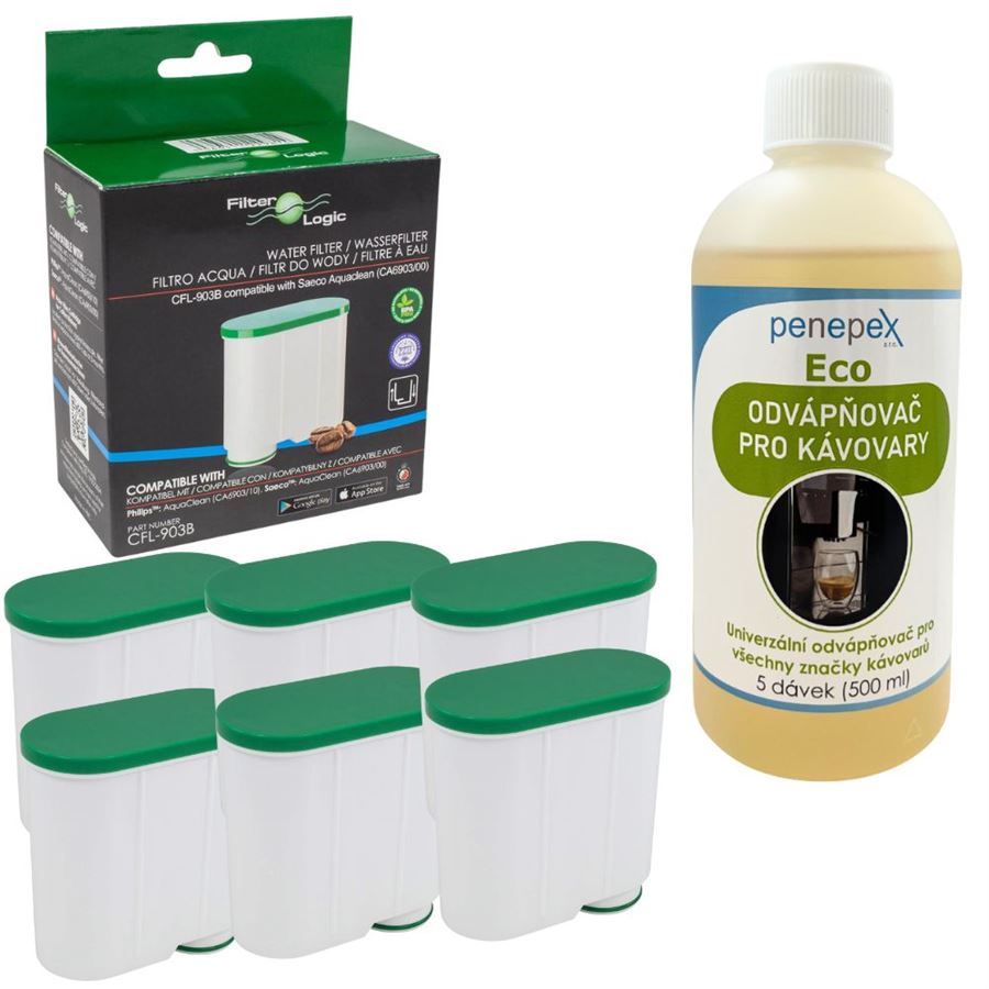 E-shop FilterLogic CFL-903B za Saeco/Philips AquaClean CA6903/00-10 (6 ks) + Penepex Eco univerzálny odvápňovač 500 ml