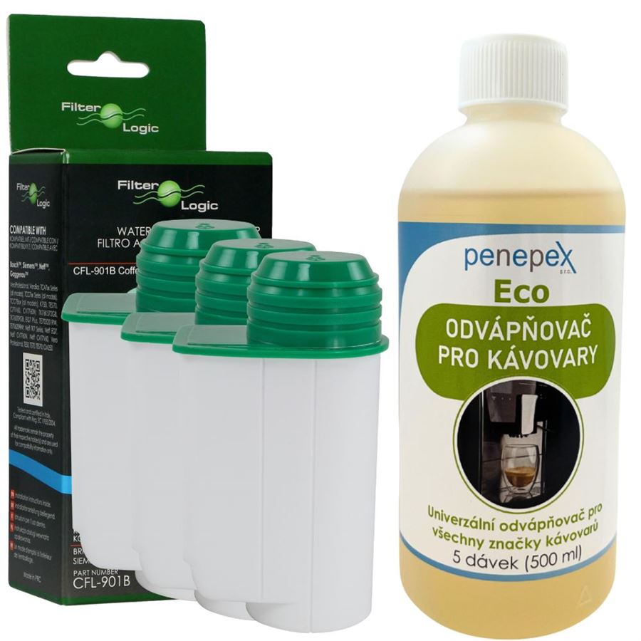 E-shop FilterLogic CFL-901B filter do kávovaru (kompatibilný s Brita Intenza TZ70003 Bosch Siemens AEG) (3 ks) + Penepex Eco univerzálny odvápňovač 500 ml