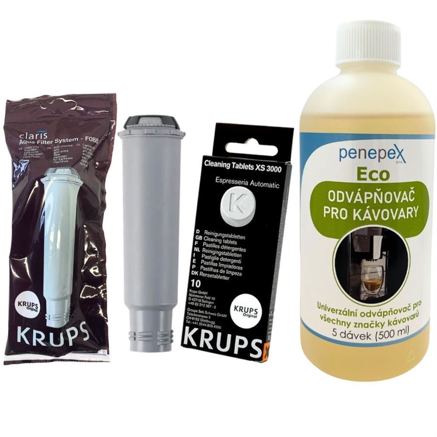 E-shop Krups F08801 Aqua Filter Claris + Penepex Eco odvápňovač 500 ml + Krups XS300010 čistiace tablety