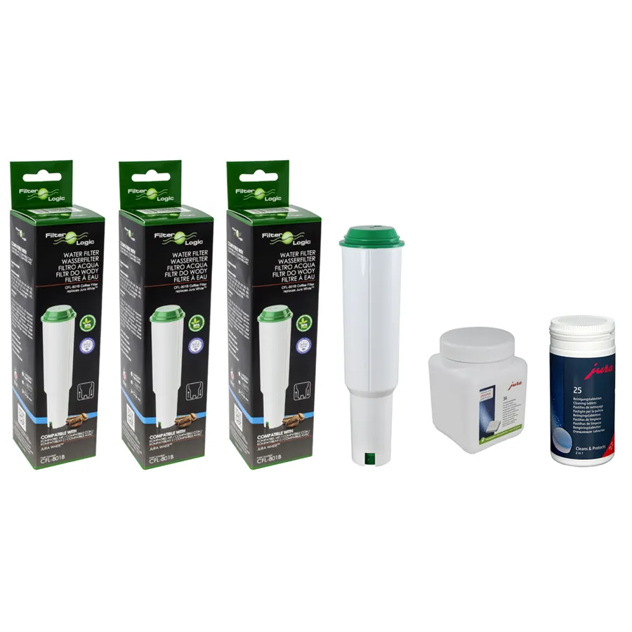Filter Logic CFL-801B (za Jura Claris White) 3 ks + Jura dvojfázové čistiace tablety 25 ks + Jura odvápňovacie tablety 36 ks