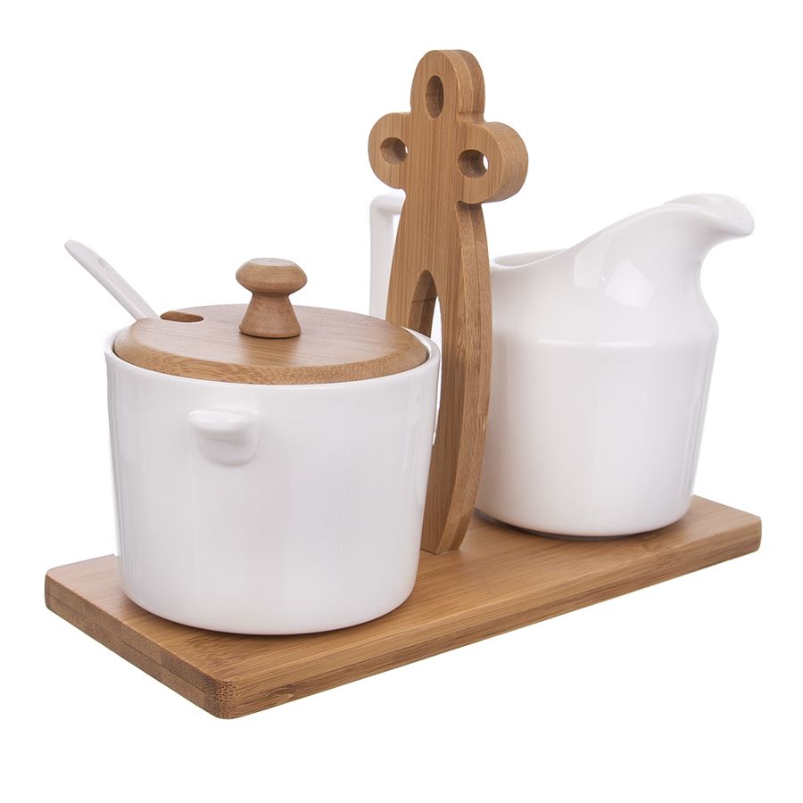 Orion mliekovka + cukornička porcelánová + stojan bambus Whiteline