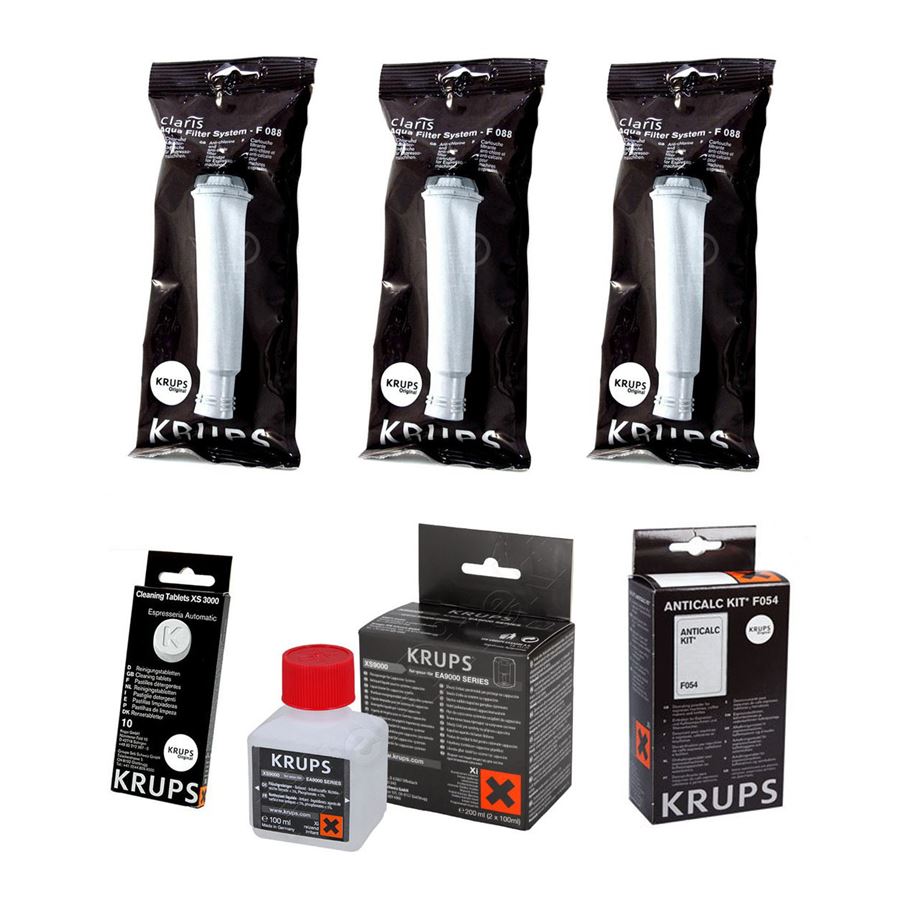 Krups F08801 Aqua Filter Claris 3 ks + F0540010 + XS300010 čistiace tablety + XS900010 čistiaca tekutina do Barista
