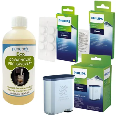 Philips AquaClean CA6903/10 filter do kávovaru + Penepex Eco odvápňovač 500 ml + Philips CA6704/10 čistiace tablety 6 ks. + Philips CA6705/10 čistiaci prostriedok na mliečny okruh